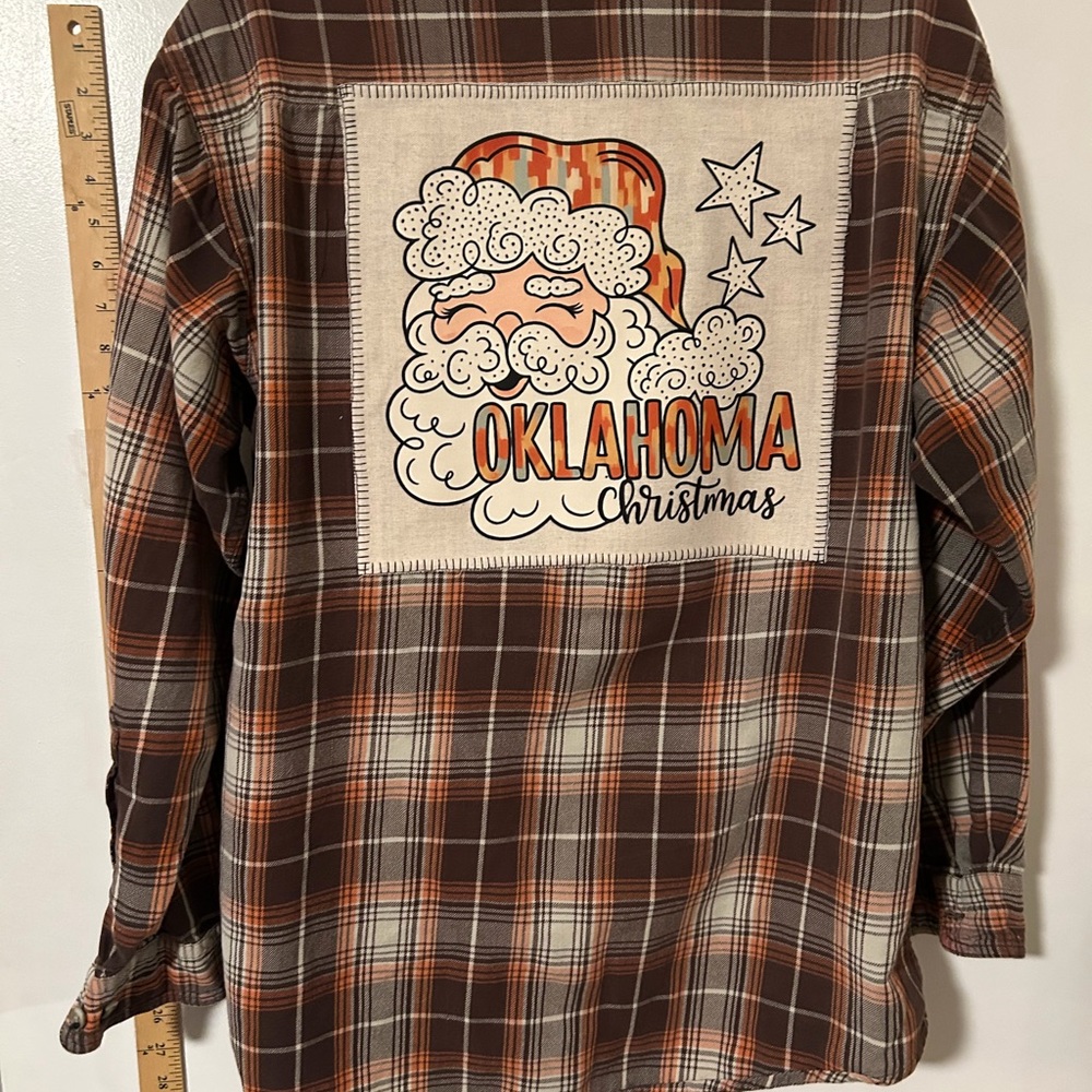Women's Plaid Santa Button Down Shirt - Brown and Orange